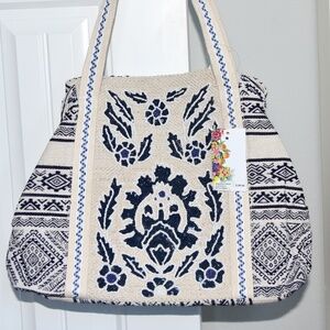 NWT America & Beyond Blue and White Embroidered Tote Bag